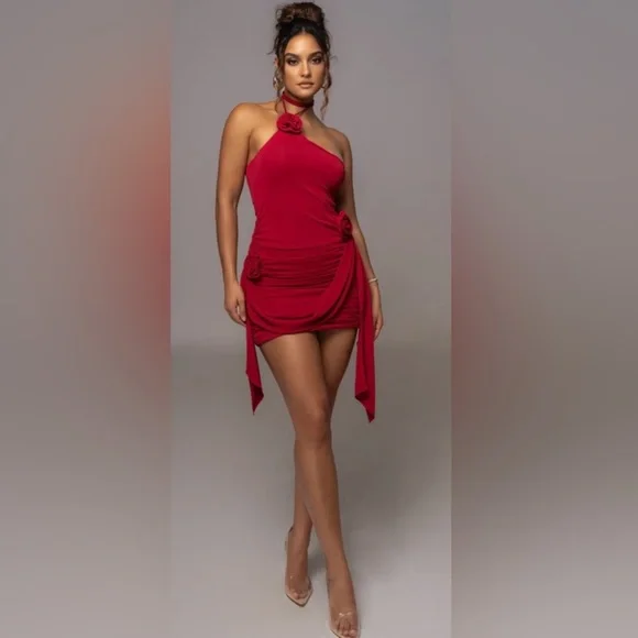 JLUXLABEL Burgundy Tabitha Halter Rose Mini‎ Dress Size XXL - Picture 2 of 10